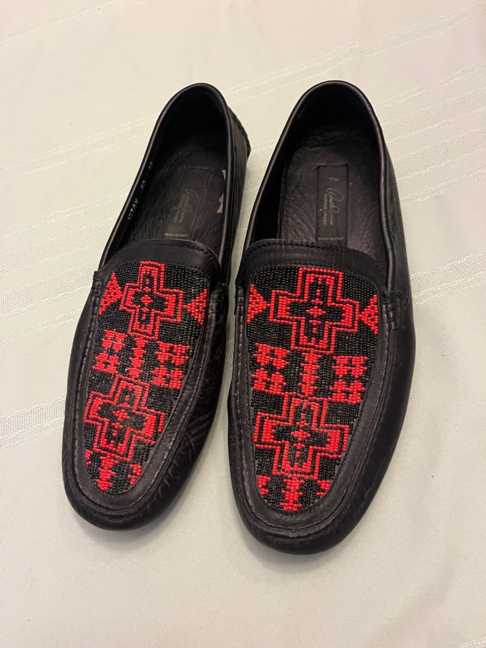 Donald J. Pliner Black Leather Slip-On Loafers with Red Beaded Pattern size 10